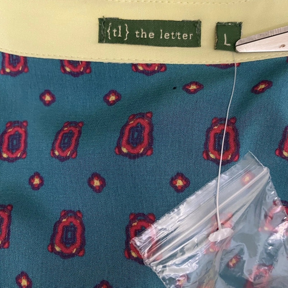 {tl} The letter 100% Silk Shirt Dress‎  Teal Green Yellow Geometric Print Size L - Picture 5 of 7
